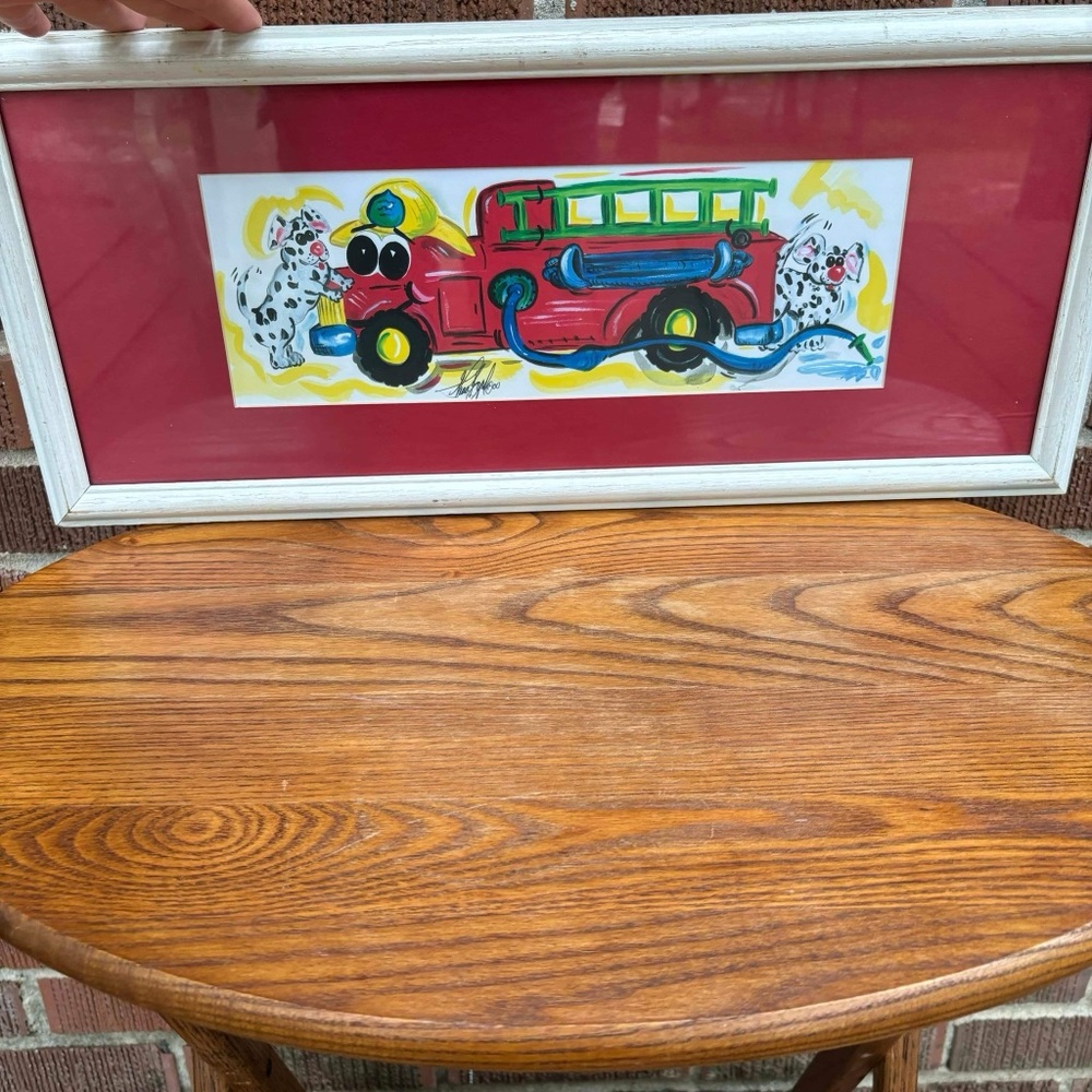 Gina Byrd Signed print Fire Truck Engine and Dalmatians Kids Nursery Framed